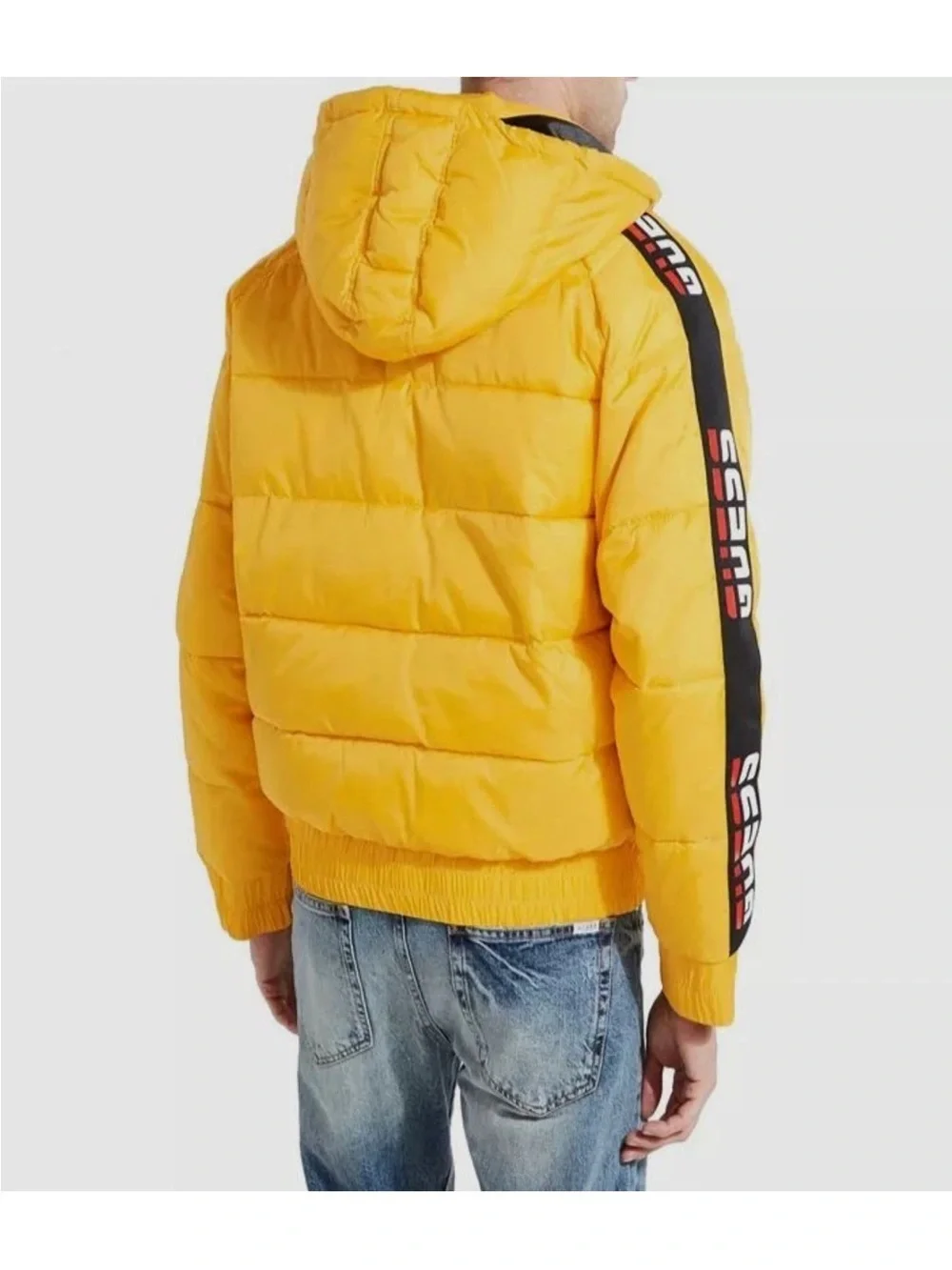 New Guess Men's Yellow Hooded Puffer Jacket with Logo Sleeve